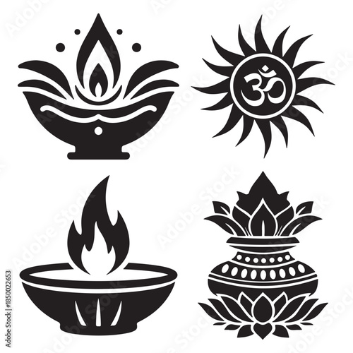 This image displays four black-and-white graphic icons representing Indian spiritual symbols. Arranged in a 2x2 grid, the symbols include two different depictions of a traditional diya lamp, 