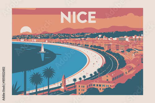 Vintage Travel Poster of Nice France Bay with Sailboat and Palm Trees