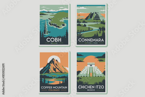 Vintage Travel Posters Four Destinations Cobh Connemara Copper Mountain Chichen Itzo