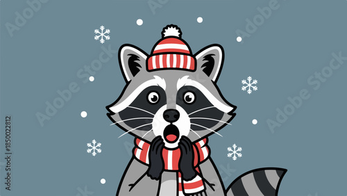 Cheerful cartoon raccoon with red and white striped beanie and scarf on winter background with snowflakes