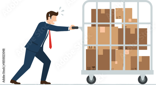 Flat vector illustration of a stressed businessman pushing a heavy metal cart filled with cardboard shipping boxes