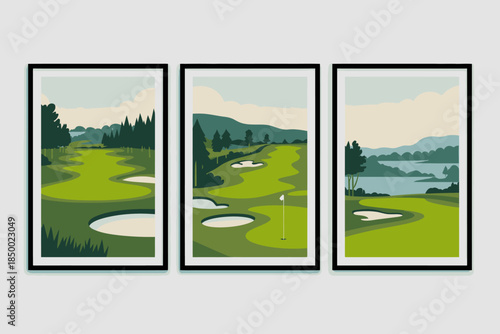 Golf Course Landscape Triptych Artwork with Sand Traps and Water Features
