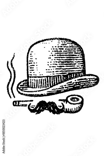 Vintage Gentleman's Accessories Illustration Featuring Hat, Cigar, and Mustache