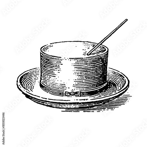 An illustration of a hat on a saucer with a spoon inside viewed from the side