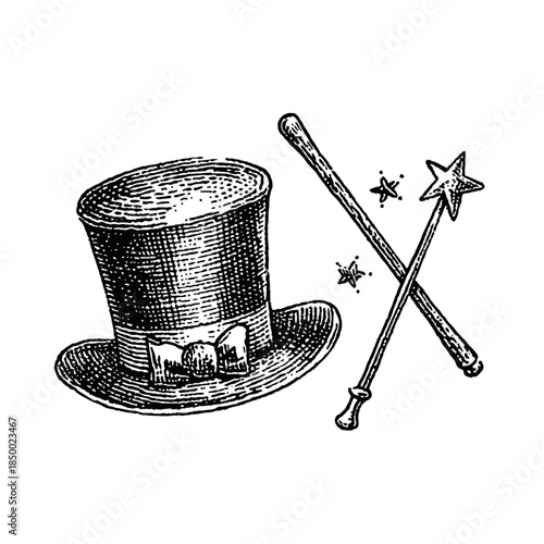 Vintage top hat and crossed wands with magic sparks in a mystical illustration
