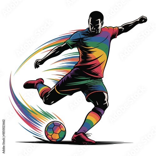 Soccer Player Kicking Rainbow Ball with Motion Trails Sporting in Pride Colors Symbolizing Support for Lgbtq+ Community Celebration on Checkered Background