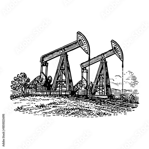 Oil pumps operating in an open landscape with machinery and infrastructure visible