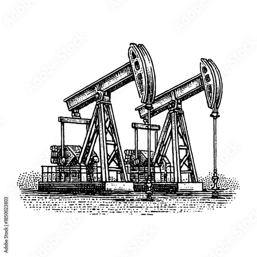 Oil pumpjacks in a field, vintage illustration style