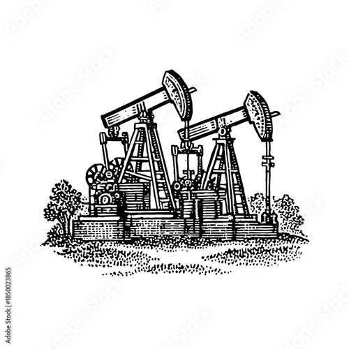 Two oil pump jacks in a field, evoking industrial extraction and energy production