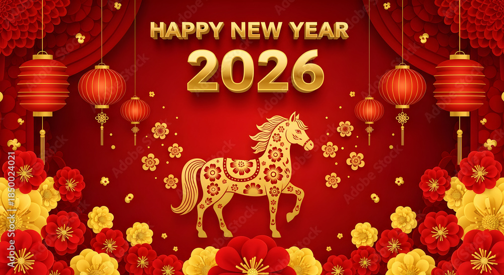 Fototapeta premium Paper-cut style golden horse with floral patterns on a red background, surrounded by paper flowers and hanging lanterns. Happy New Year 2026 greeting ... 