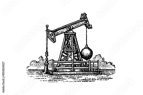 Vintage oil pump jack drawing with a wrecking ball, industrial illustration