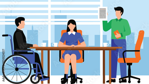 Inclusive corporate meeting illustration featuring diverse professionals, a wheelchair user, and a presentation in a modern office