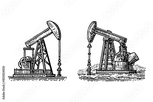 Two vintage oil pump jacks illustrating the extraction of crude oil from the ground