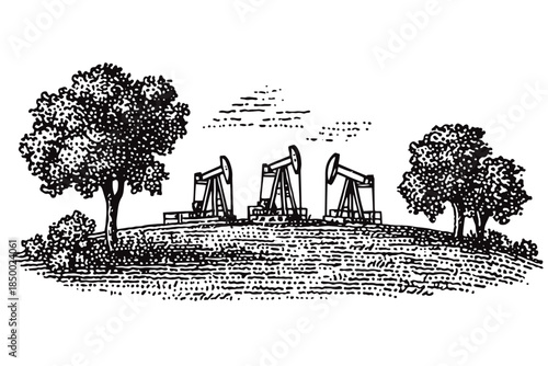 Oil pump jacks operating in a field with trees during the day