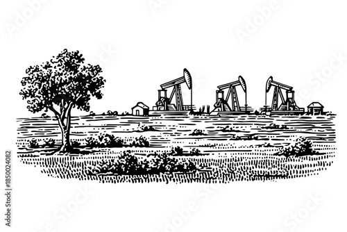 Oil field with pumpjacks and buildings in a grassy landscape