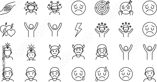 Human Emotions and Expressions Line Icons happy confused