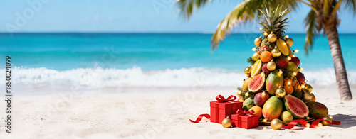 Banner tropical Christmas tree with festive lights on a sandy beach with palm trees with space for text. The atmosphere vacation, a serene New Year's Eve celebration by the sea