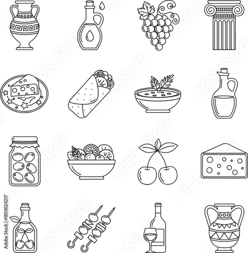 Greek Food and Ancient Artifacts Line Icons amphora