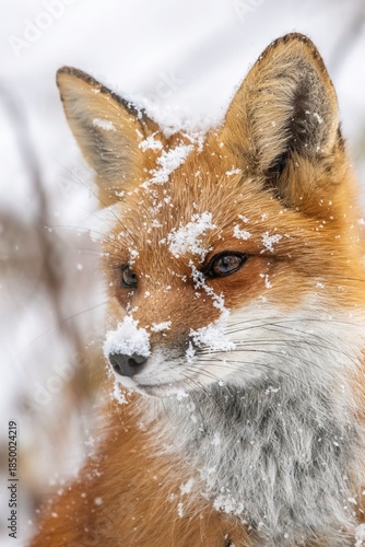 Close-up portrait of a red fox with snowflakes on its fur during a winter snowfall in a natural environment, capturing the wildlife's resilience and beauty in cold weather conditions.