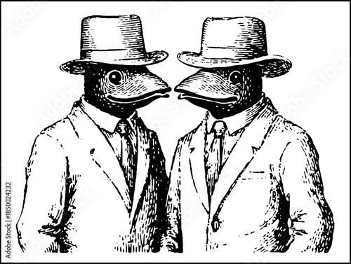 Two figures with fish heads and formal attire standing side by side