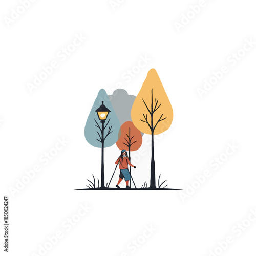 Illustrative nordic walking scene showcases health lifestyle and outdoor fitness with light poles