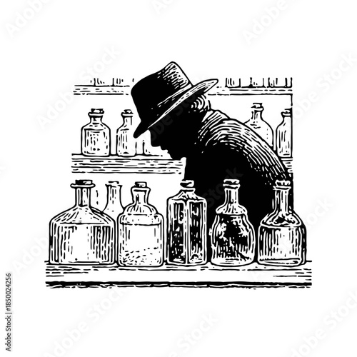 Vintage shopkeeper inspecting antique bottles on a shelf in a store