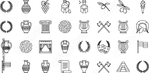 Ancient Greek Culture and Symbols Line Icons greek mythology