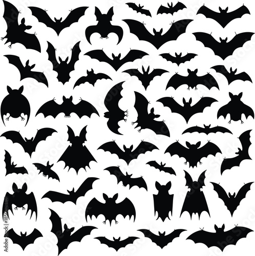 Flying bat silhouettes seamless pattern spooky Halloween background black animals night horror vector illustration isolated white decorative creepy gothic design