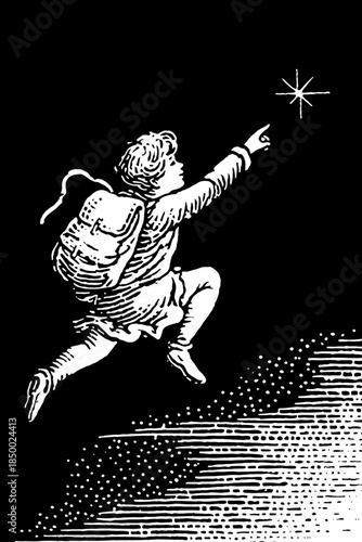A young boy reaches for the star on a dark and starry night