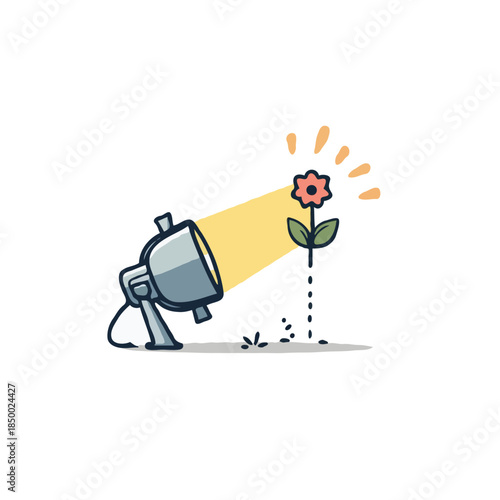 Spotlight highlighting flower, the light beam on a small bloom conveys growth and attention to