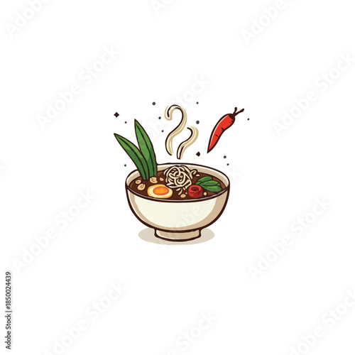 Steaming bowl of flavorful asian noodle soup with chili pepper and garnish illustration perfect