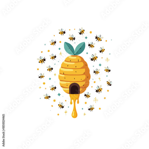 Stylized beehive illustration amidst a swarm of cartoon bees honey dripping from the entrance