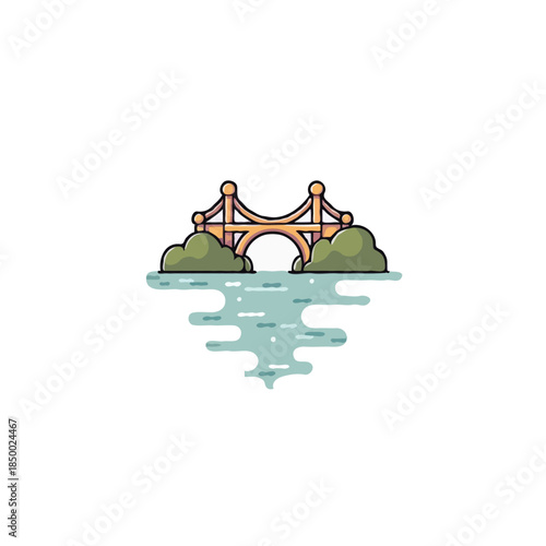 Stylized bridge illustration traversing serene waterscape flanked by verdant clusters of stylized