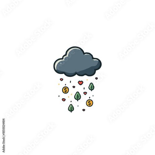 Stylized cloud bursting with currency leafage and affection a whimsical financial downpour