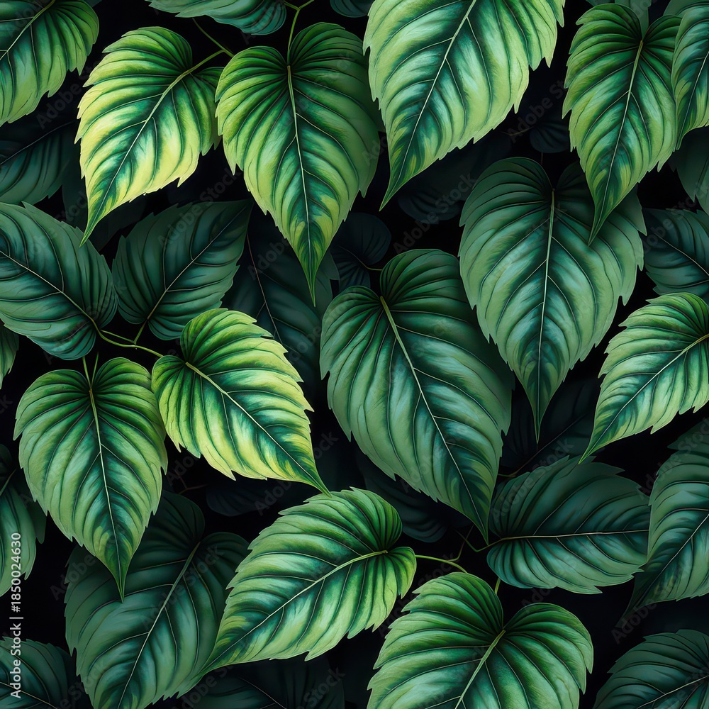 Fototapeta premium Lush Green Leaves with Vibrant Variegation on Dark Background