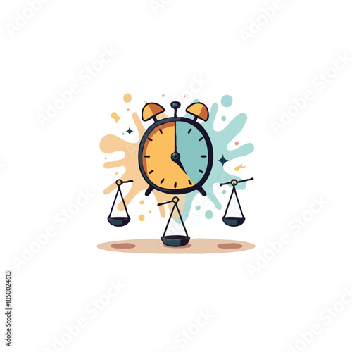 Time balance equilibrium measuring hours and productivity concept vector illustration depicts