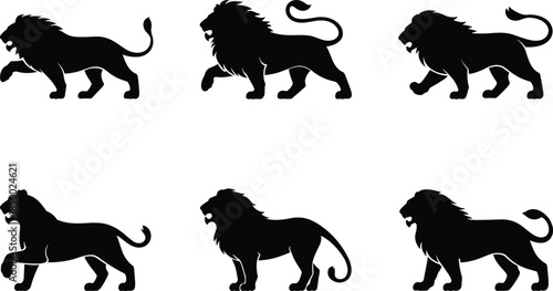 Lion silhouette set majestic wild big cat walking roaring poses black animal vector illustration isolated on white background