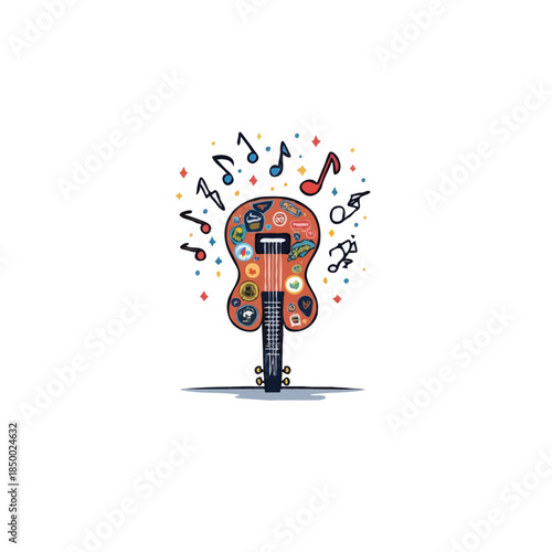 Vibrant acoustic guitar artwork with musical notes floating around creating lively atmosphere of