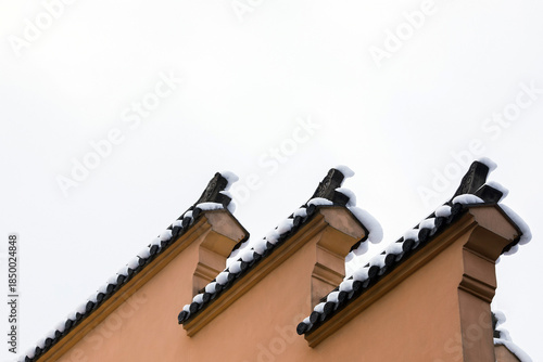 Cuadro en lienzo Snow-Covered Chimneys on Ancient Building After Winter Snowfall