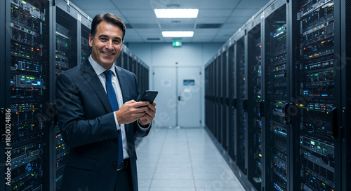 Happy mature man engineer wearing suit using mobile cell phone at data center work. Middle aged manager holding smartphone looking at camera standing in server room security warehouse.