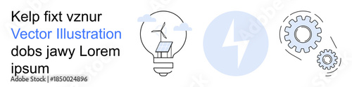 Renewable energy, technology, innovation, sustainable power, clean energy, futuristic design. Light bulb with solar panel, bolt symbol and gears. Renewable energy and technology concept