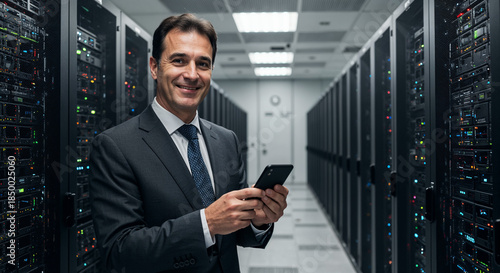 Happy mature man engineer wearing suit using mobile cell phone at data center work. Middle aged manager holding smartphone looking at camera standing in server room security warehouse.