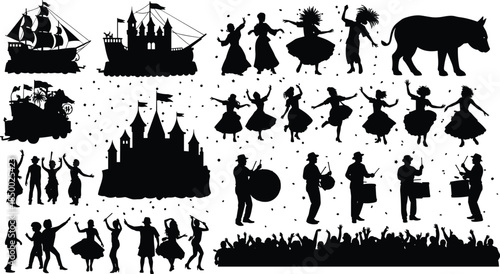Festival, celebration, silhouette, parade, dance, music, culture, black, white, crowd, costume, castle, ship, rhythm, joy, tradition, event, art, carnival, illustration