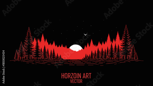 Vector Illustration of Forest Landscape at Sunset.