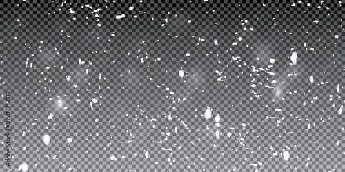 Snowfall Background With White Falling Snowflakes And Soft Winter Overlay Effect On Transparent Design For Holiday. Cold Weather Atmosphere, Vector Illustration