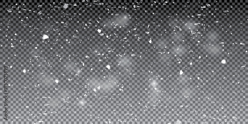 Snowfall Background With White Falling Snowflakes And Soft Winter Overlay Effect On Transparent Design For Holiday And Seasonal Projects. Vector Illustration
