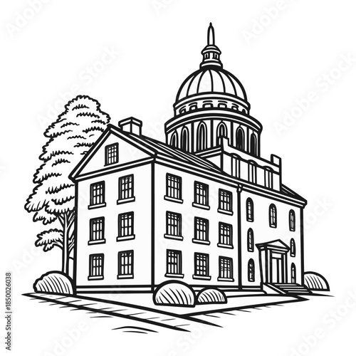 Line Art Drawing of a Classical Domed Building with a Tree