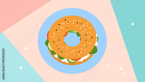 A vibrant cartoon illustration of a sesame bagel filled with cream cheese, cucumber, and tomato, served on a blue plate with a colorful geometric background.
