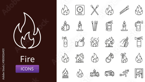A comprehensive collection of solid sleek line art icons representing fire, flames, safety equipment, emergency situations, and related elements, ideal for web, app, and graphic design interfaces