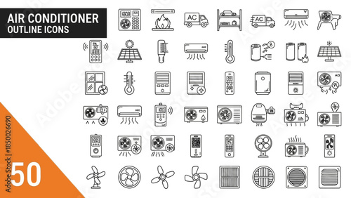 Collection of 50 outline icons representing various air conditioning units, fans, and related components for technological and comfort applications